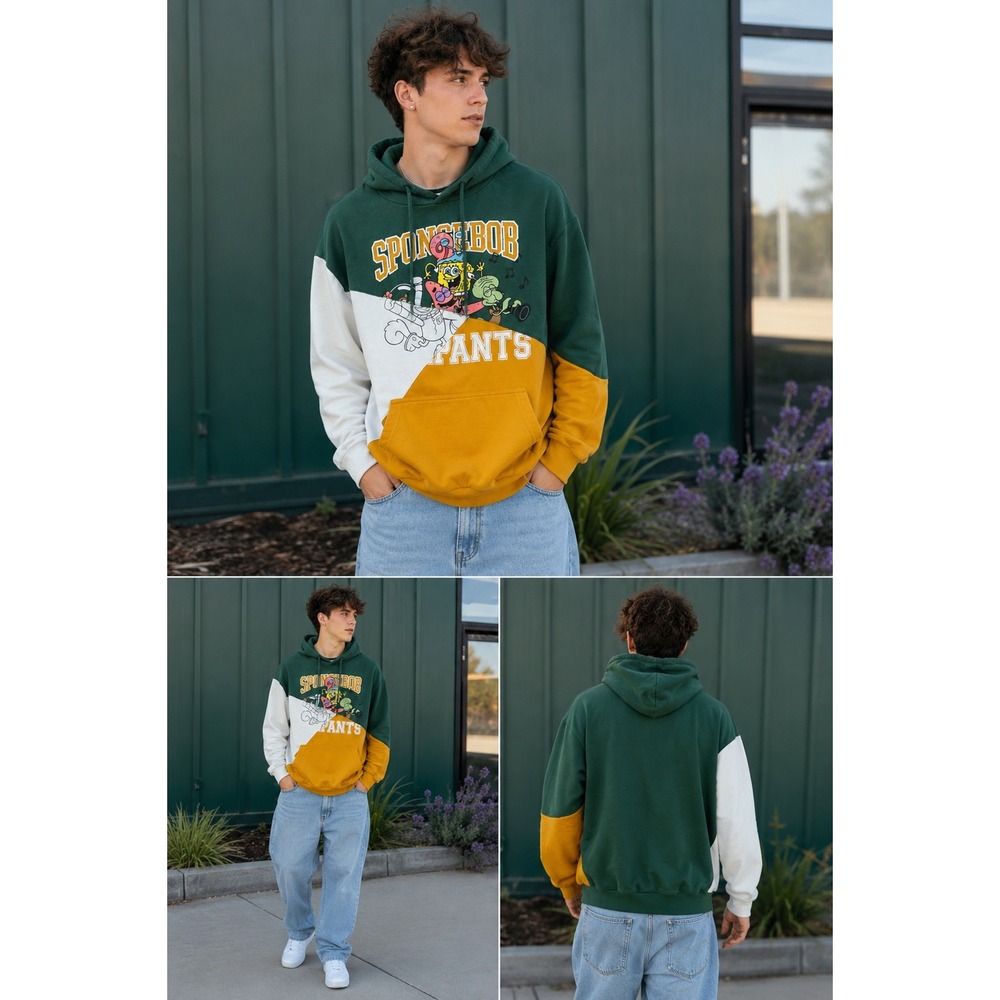 Nickelodeon Spongebob Squarepants Colorblock Hoodie Green Yellow White Large